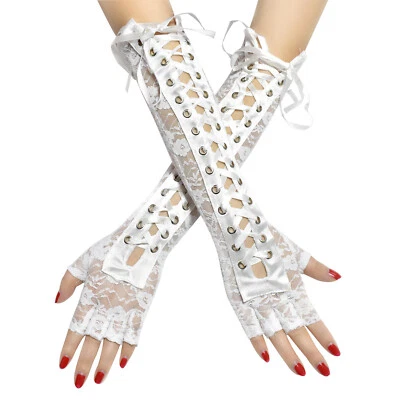 Gothic Punk Rock Long Fingerless Lace Gloves for Dance Performance - Image 1 of 4