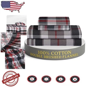 Twin Flannel Sheet Set - 100% Cotton, Cozy Winter Red Plaid, 16" Deep - Picture 1 of 10
