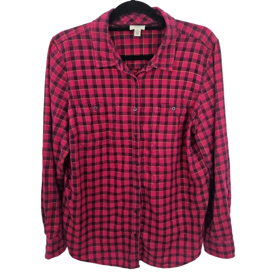 Camisa St John's Bay feminina XL com botões vermelha xadrez rosa manga longa - Imagem 1 de 4