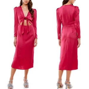 NEW WAYF Berry POPPY Tie Front SATIN Puffy Long Sleeve CUTOUT Midi DRESS L - Picture 1 of 11