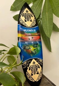 Hawaiian Hand Made 20" Carved Wooden Surfboard Airbrushed Honu Island Sunset - Picture 1 of 4