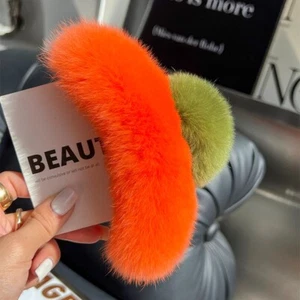 Womens Real Rabbit Rex Fur Hair Claw Persimmon Hair Clip Cute Bobby Pin Hairpin - Picture 1 of 5