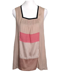 Schumacher Women's Silk Sleeveless Top Tan Beige Pink Satin Applique Sz 1 Medium