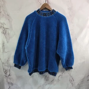 Vintage Sweater Mens Large Blue Black Crew 90s 80s Teddy Sherpa Fuzzy Faux  - Picture 1 of 12