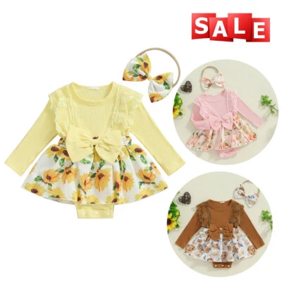 2PCS Newborn Baby Girls Floral Ruffle Romper Dress Headband Outfit Set Clothes - Image 1 of 4