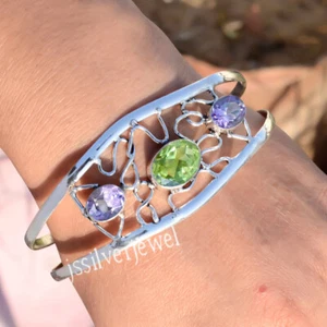 Faceted Peridot & Amethyst Cut Gemstone 925 Sterling Silver Cuff Big Bangle - Picture 1 of 5