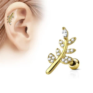 CZ Micro Paved Leaf Top 316L Surgical Steel Cartilage, Tragus Barbell Studs - Picture 1 of 2