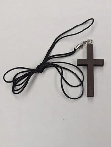 Dark Brown Thin Style Wooden Cross Pendant Necklace 2" H, 30" L Nylon Cord - Picture 1 of 2