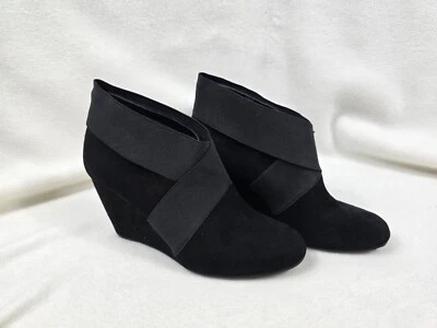 BCBG Black Suede Ankle Bootie Wedge Size 8 Leather Upper Womens Shoes - Image 1 of 4