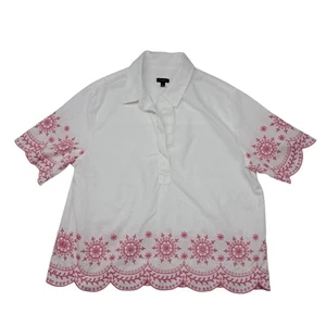 Talbots Embroidered Linen Cotton Shirt Women's Large White Pink Scallop - Picture 1 of 9