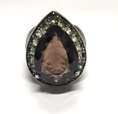 Anillo de plata 925 talla 6 EE. UU. pera grande topacio ahumado y circonita cúbica banda de piedras preciosas brillantes Foto 1 de 4