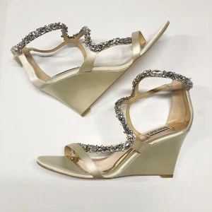 Badgley Mischka Ivory Satin Simona Wedge Embellished Sandal Womens Size 10 - Picture 1 of 10