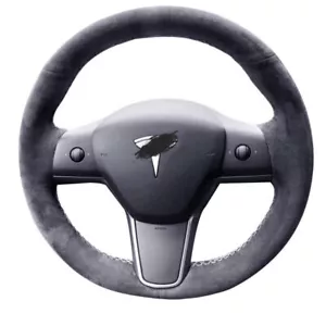 Custom made Suede Leather Steering Wheel Cover Stitch on Wrap For Tesla Model 3 - Foto 1 di 11