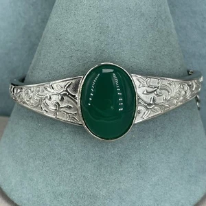 Platinum Bonded bangle Bracelet Green Agate Gemstone Cabochon Ornate - Picture 1 of 12