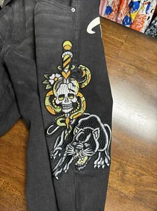 ED HARDY MENS SZ 36 Black DENIM JEANS Slim Fit Skull Snake Sword TIGER  $138 - Picture 1 of 12