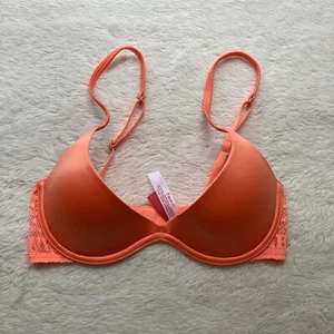Victoria’s Secret PINK Scoopneck Bra Push Up Coral Logo Lace 32B - Picture 1 of 13
