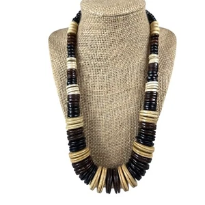 Grobe Naturholz Perlen Halskette schwarz braun/beige Schichten & Schleife Knopfverschluss - Bild 1 von 19