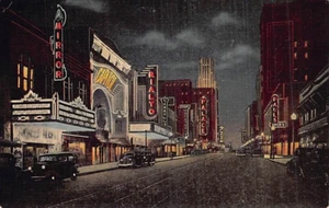 Postal TX: Theatre Row, Elm Street, Dallas, Texas, lino vintage años 40 - Imagen 1 de 2