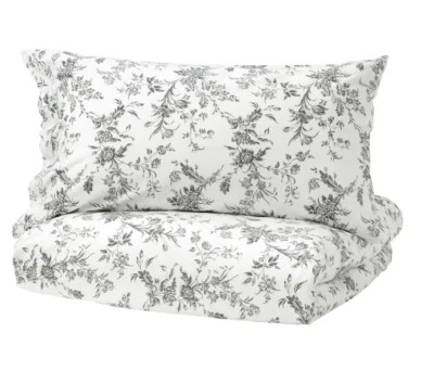 IKEA ALVINE KVIST BEDDING SET DUVET COVER WHITE GREY FLORAL 100% COTTON