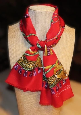 Oscar de la Renta oblong scarf; festive; red gold purple green black+ 52x11 - Image 1 of 4
