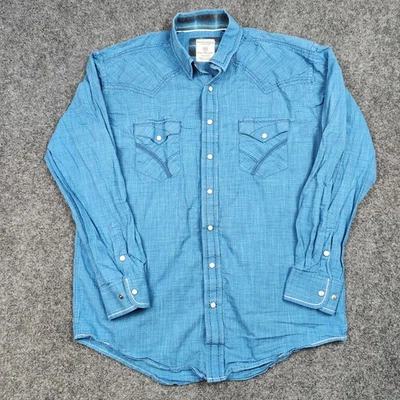 Camisa masculina Panhandle Rough Stock azul média ocidental pérola manga longa - Imagem 1 de 4