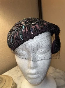 Purple And Black Beaded Vintage Hat Unique  - Picture 1 of 15