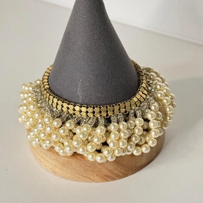 J Crew Faux Pearl Beaded Bracelet Gold Tone Mesh - Image 1 of 4