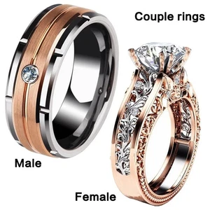 Rose Gold Tone Ring Zircon Stones Hollow Carved Band Engagement Women Jewelry - Picture 1 of 17