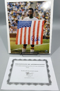 Pele Legendary Photo Holding The USA Flag 8x10 Autograph Photograph COA Included