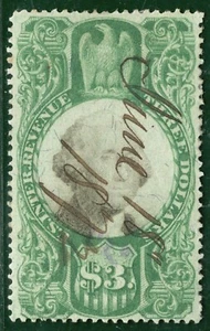 USA Classic Revenue High Value Scott.R147 $3 Green (1872) Used Cat $125 ORANGE99 - Picture 1 of 6