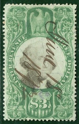 USA Classic Revenue High Value Scott.R147 $3 Green (1872) Used Cat $125 ORANGE99 - Image 1 of 4