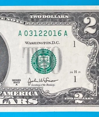 March 12, 2016 / 3 December 2016 : A 03122016 A BIRTHDAY NOTE $2 Two Dollar Bill - Image 1 of 3