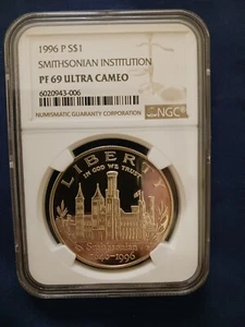1996 P PF 69 SMITHSONIAN INSTITUTION SILVER DOLLAR COIN. - Picture 1 of 2