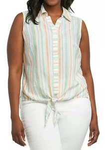 FOXCROFT Lila Cabana Stripe Tie Front Sleeveless Linen Blend Top Sz 18 Nord - Picture 1 of 6