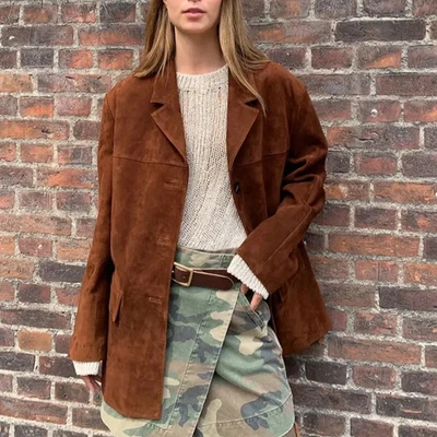 Women's Suede Leather Blazer Long Coat Tan/Brown Lined Slit Button Down Jacket - Image 1 of 4