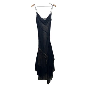 Vintage Y2K black fairy grunge mesh handkercheif hem slip maxi dress sz M Medium - Picture 1 of 10