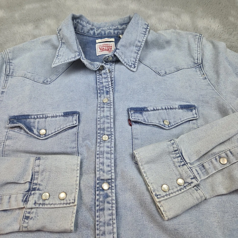 Camisa De Colección Levis Mujer L Denim Perla A Presión Manga Larga Western Rojo Etiqueta Vaquera Foto 1 de 4