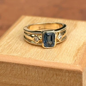 Anillo Art Deco Esmeralda Medio Zafiro Azul y Diamante Creado en Laboratorio Anillo de Plata 925 - Imagen 1 de 10