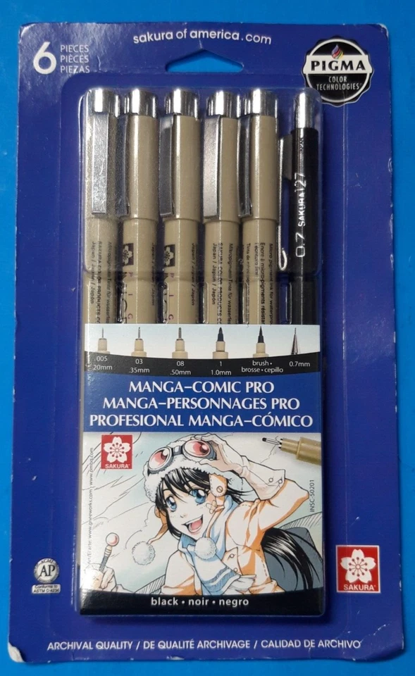 Sakura Manga Comic Pro Pigma Fine Line Archival Black 6 Pen Set Waterproof 50201