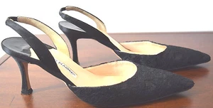 MANOLO BLAHNIK SCHWARZ LEDER/SPITZENSPITZE ZEHEN SLINGBACK SCHUHE GRÖSSE 37,5 - Bild 1 von 8
