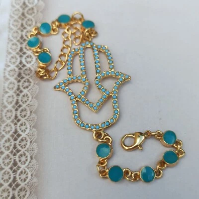 Pulseira Hamsa Strass Turquesa Tom Dourado Mão de Fátima Amuleto Declaração - Imagem 1 de 4
