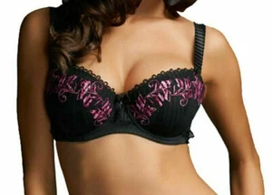 Sujetador Fauve Sabine Negro Reino Unido 32DD Con Aros Acolchado Media Copa Eur 70DD Rosa Floral - Imagen 1 de 2