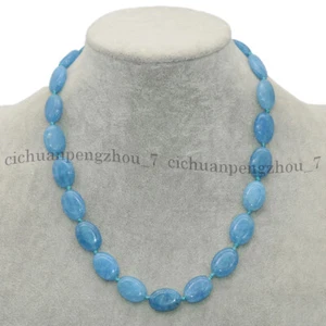 13x18mm Natural Blue Aquamarine Flat Oval Gemstone Beads Necklace 18" - Picture 1 of 5