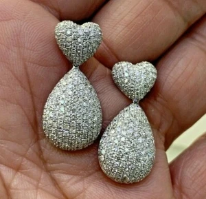 2.Tcw Diamond Teardrop Heart Dangle Drop Earrings in 14k Solid White Gold - Picture 1 of 11