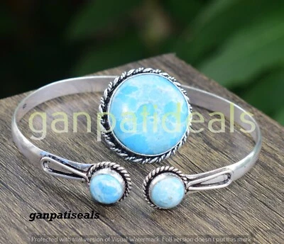 Lote de 2 piezas de joyas étnicas Larimar gemas combinadas en plata 925 forma mixta Foto 1 de 4