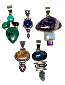 Vtg Sterling 925 Silver Handmade (5 Pcs) Pendants With Stones Jewelry Signed SJ - Picture 1 of 20
