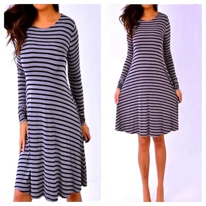 OLD NAVY Black Gray Striped Long Sleeve Flowy Dress XS Extra Small - Picture 1 of 9