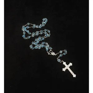 VTG Silver Tone Blue Glass Beaded Religious Cross Crucifix 32" Rosary Prayer - Picture 1 of 5