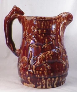 Bennington Rockingham Pitcher Hound Handle Deer Eagle Rabbit Antique As Is - Picture 1 of 12