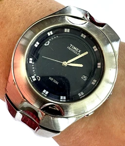 Vintage Timex Indiglo WR 50m Men's Watch Silver Tone Dark Blue Dial For Parts - Picture 1 of 14